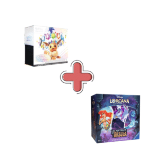 ETB EV8.5 + Coffret Trove Pack Lorcana Chapitre 4. Photos de deux coffrets, un Lorcana chapitre 4 et et un Pokémon EV08.5 ETB avec 9 boosters évolutions prismatiques. Ils sont violets, bleus, orange et rouge.