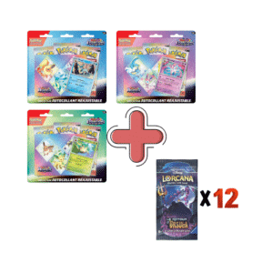 Tripacks Ev8.5 Artset + 12 boosters Lorcana Chapitre 4. Photos de trois tripacks evolutions prismatiques et douze boosters Lorcana chapitre 4. Ils sont violets, bleus, orange et rouge.