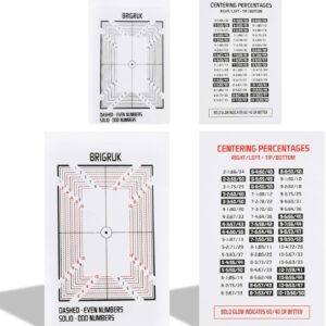 kit d'outils de centrage - cadre de pré-gradation. Image de deux gabarits pour la pre gradation des cartes tcg nécessaire pour connaître le centrage/cadrage des cartes pokémon, cartes de sport, cartes magic, cartes lorcana, cartes one piece. On peut voir quatre éléments sur l'image, les deux gabarits gradués transparents et les deux fiches de références permettant de connaître le résultat de sa mesure, pour les comparer aux standards des sociétés de gradation.