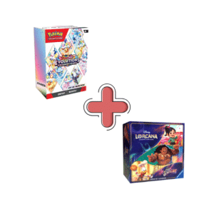 Bundle Pokémon EV8.5 + Trove Pack Lorcana chapitre 5. Photos de deux coffrets, un Lorcana chapitre 5 ciel scintillant et un Pokémon EV08.5 coffret bundle avec 6 boosters évolutions prismatiques. Ils sont violets, bleus, orange et rouge.