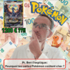 pourquoi les cartes Pokémon coûtent cher. Photo d'un article relatif à la valeur marchande des cartes Pokémon et aux différents facteurs qui expliquent leur prix. Il aborde cette question sous les angles de la collection et de l'investissement dans l'écosystème des jeux de cartes à collectionner et plus particulièrement du JCC Pokémon comparativement aux logiques animant le marché des cartes Magic The Gathering. Outre les produit scellées tels que les displays, boosters, blisters, coffrets, UPC (Ultra Premium collection box), ETB (elite trainer box), les tripacks, les mini tins et les bundles, les cartes à l'unité du TCG Pokémon obéissent aux lois de l'offre et de la demande. Il s'agit de s'interroger sur les composantes de l'équation qui définit le prix ou la valeur marchande d'une carte Pokémon. L'illustration représente un bel homme habillé d'une blouse blanche avec écrit PR. Ben dessus, car le personnage se nomme professeur Ben. Une petite créature rouge, sorte de petit dragonnet appelé Salamèche et perché sur son épaule gauche et tous deux regardent d'un air interrogateur une carte de Noctali 161 de la série Evolutions prismatiques EV8.5 avec un prix exorbitant de 1200 euros écrit en-dessous. Tout cela sur un arrière plan de billets de banque dans la devise des euros, symbole des importants flux monétaires qui circulent dans le marché des cartes pokémon.
