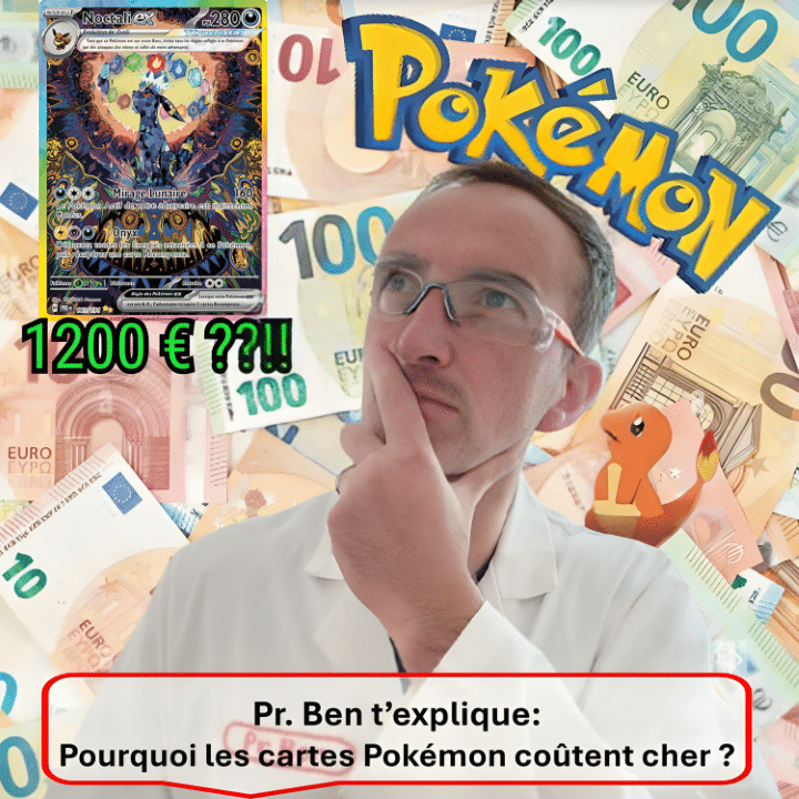 pourquoi les cartes Pokémon coûtent cher. Photo d'un article relatif à la valeur marchande des cartes Pokémon et aux différents facteurs qui expliquent leur prix. Il aborde cette question sous les angles de la collection et de l'investissement dans l'écosystème des jeux de cartes à collectionner et plus particulièrement du JCC Pokémon comparativement aux logiques animant le marché des cartes Magic The Gathering. Outre les produit scellées tels que les displays, boosters, blisters, coffrets, UPC (Ultra Premium collection box), ETB (elite trainer box), les tripacks, les mini tins et les bundles, les cartes à l'unité du TCG Pokémon obéissent aux lois de l'offre et de la demande. Il s'agit de s'interroger sur les composantes de l'équation qui définit le prix ou la valeur marchande d'une carte Pokémon. L'illustration représente un bel homme habillé d'une blouse blanche avec écrit PR. Ben dessus, car le personnage se nomme professeur Ben. Une petite créature rouge, sorte de petit dragonnet appelé Salamèche et perché sur son épaule gauche et tous deux regardent d'un air interrogateur une carte de Noctali 161 de la série Evolutions prismatiques EV8.5 avec un prix exorbitant de 1200 euros écrit en-dessous. Tout cela sur un arrière plan de billets de banque dans la devise des euros, symbole des importants flux monétaires qui circulent dans le marché des cartes pokémon.