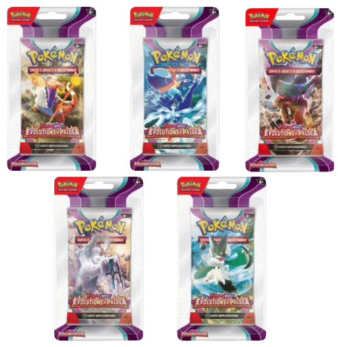 Boosters sous Blisters EV02 Evolutions à Paldea Artset. Lot de cinq boosters sous blisters du JCC Pokémon. Ils sont bleu, rouge, violet et orange. Ils représentent les Pokémon phares de la série, notamment Baojian.