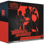 ETB Rivalités Destinées Pokémon EV10. Il s'agit du contenu coffret dresseur d'élite pokémon ev10 rivalités destinées. Le coffret est rouge et noir. Il représente le Dresseur Giovanni et son Pokémon Mewtwo. Il y a écrit en haut à gauche de l'item "Pokémon cartes à jouer et à collectionner" "Ecarlate et Violet" "Rivalités Destinées" "coffret dresseur d'élite". On voit le contenu du coffret : les boosters de cartes à jouer et à collectionner pokémon, les dés, les protèges cartes.