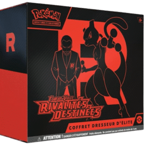 ETB Rivalités Destinées Pokémon EV10. Il s'agit du contenu coffret dresseur d'élite pokémon ev10 rivalités destinées. Le coffret est rouge et noir. Il représente le Dresseur Giovanni et son Pokémon Mewtwo. Il y a écrit en haut à gauche de l'item "Pokémon cartes à jouer et à collectionner" "Ecarlate et Violet" "Rivalités Destinées" "coffret dresseur d'élite". On voit le contenu du coffret : les boosters de cartes à jouer et à collectionner pokémon, les dés, les protèges cartes.