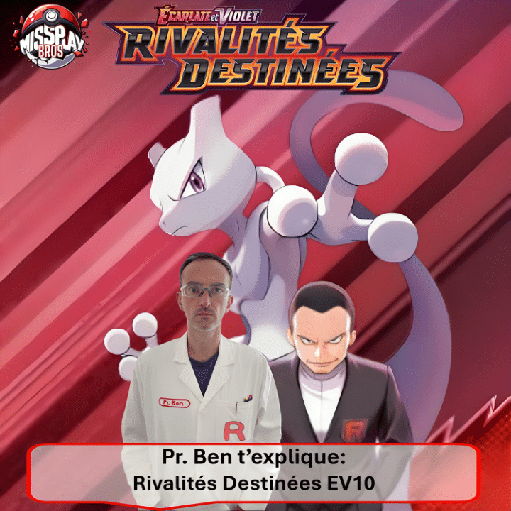 Rivalités Destinées EV10. Photo d'un article relatif à la gamme de produits offerts par le jeu de cartes à collectionner Pokémon. Il aborde les items un par un en détaillants chaque produit scellé ou non (display, ETB Elite Trainer Box, demie-dispaly, UPC Coffret Ultra Premium Collection, Bundle ou Booster Bundle, Tripach, Blister, coffrets, Pokéball, Pokébos, Mini Tin, valisette, trousse, boosters en loose) offerts pour cette série tant attendue. Il synthétise également les informations relatives à cette extension qui paraîtra en France le 30 main 2025. Pokémon TCG. Pokémon JCC. L'illustration représente le Pr.Ben, personnage masculin portant une blouse blanche et accompagné du Dresseur emblématique Giovanni avec le Pokémon Mewtwo en arrière plan. Le Pr. Ben arbore un gros R rouge sur la poche de sa blouse en référence à la Team Rocket dont le retour est annoncée pour 2025.