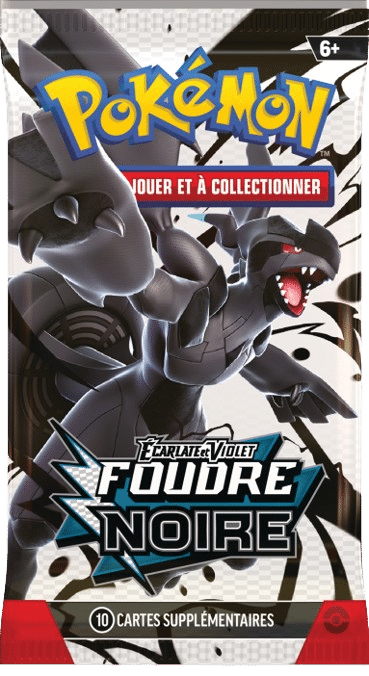 booster Foudre Noire Pokémon ev10.5. On y voit un paquet de cartes noir, blanc et rouge. C'est un booster du jeu de cartes Pokémon avec le Pokémon Zekrom, sorte de dragon noir très puissant et majestueux en illustration.