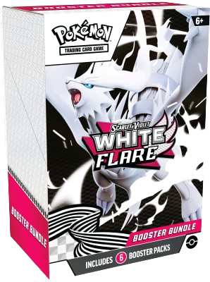 Bundle Flamme Blanche EV10.5. Produit pour le JCC Pokémon contenant 6 boosters de la série Flamme Blanche du bloc Ecarlate et Violet. Elle met à l'honneur les 156 Pokémons de la 5ème génération, de la région d'Unys, tels que Zekrom, Reshiram et Victini. L'illustration principalement de couleurs blanche, noire et rose représente le Pokémon Reshiram, dragon blanc symbolique de la période Noir et Blanc de l'univers Pokémon.