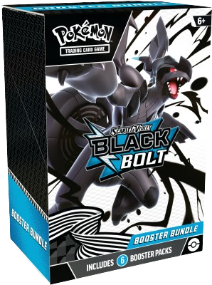 Bundle Foudre Noire EV10.5. Produit pour le JCC Pokémon contenant 6 boosters de la série Foudre Noire du bloc Ecarlate et Violet. Elle met à l'honneur les 156 Pokémons de la 5ème génération, de la région d'Unys, tels que Zekrom, Reshiram et Victini. L'illustration de couleurs principalement noire, blanche et bleue représente le dragon noir Zekrom.