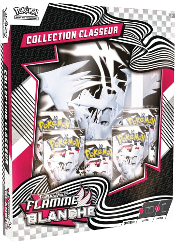 Coffret Collection Classeur Pokémon EV10.5 Flamme Blanche. Cet item du TCG Pokémon contient 5 boosters de la nouvelle extension du TCG Pokémon Foudre Noire et Flamme Blanche. En plus des cinq blisters il y a un classeur de rangement de cartes TCG à l'effigie de Reshiram, dragon blanc et majestueux symbolique de la 5ème génération, les 156 Pokémons de la région d'Unys. Les paquets de cartes sont principalement noirs et blancs. Il y a écrit "Pokémon cartes à jouer et à collectionner" "Flamme Blanche" "Collection Classeur".