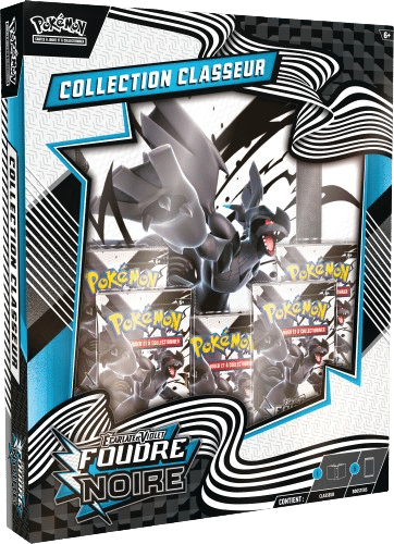 Coffret Collection Classeur Pokémon EV10.5 Foudre Noire. Cet item du TCG Pokémon contient 5 boosters de la nouvelle extension du TCG Pokémon Foudre Noire et Flamme Blanche. En plus des cinq blisters il y a un classeur de rangement de cartes TCG à l'effigie de Zekrom, dragon noir et majestueux symbolique de la 5ème génération, les 156 Pokémons de la région d'Unys. Les paquets de cartes sont principalement noirs et blancs. Il y a écrit "Pokémon cartes à jouer et à collectionner" "Foudre Noire" "Collection Classeur".