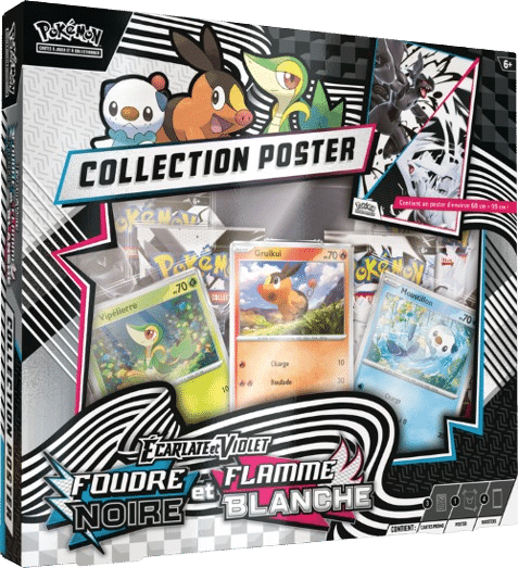 Coffret Collection Poster Pokémon 10.5 Foudre Noire et Flamme Blanche. Il s'agit d'un coffret Pokémon en carton plastifiée transparent sur le devant. Cet item du TCG Pokémon contient 4 boosters (2 noirs + 2 blancs) de la nouvelle extension EV10.5 Foudre Noire et Flamme Blanche (Black Bolt & White Flare SV10.5 Scarlet and Violet en Anglais) et un poster de toutes les évolutions du pokémon evoli. En plus des 4 blisters on retrouves 3 cartes promotionnelles des Starters de la 5ème génération ainsi qu'un Poster mettant à l'honneur certains des 156 Pokémons de la région d'Unys. Les paquets de cartes sont principalement noirs et blancs. Il y a écrit "Pokémon cartes à jouer et à collectionner" "Foudre Noire et Flamme Blanche" "Collection Poster".
