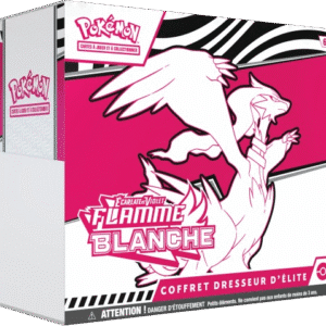 ETB Flamme Blanche Pokémon EV10.5. Il s'agit du contenu coffret dresseur d'élite pokémon ev10.5 flamme blanche de la série Foudre Noire et Flamme Blanche. Le coffret est rose, blanc et noir. Il représente Reshiram, créature Pokémon semblable à un dragon blanc et majestueux. Il y a écrit en haut à gauche de l'item "Pokémon cartes à jouer et à collectionner" et en bas à gauche "Ecarlate et Violet" "Flamme Blanche" "coffret dresseur d'élite". On voit le contenu du coffret : les boosters de cartes à jouer et à collectionner pokémon, les dés, les protèges cartes.