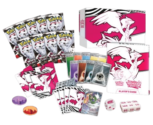 Contenu de l'ETB Flamme Blanche Pokémon EV10.5. Il s'agit du contenu coffret dresseur d'élite pokémon ev10.5 flamme blanche de la série Foudre Noire et Flamme Blanche. Le coffret est rose, blanc et noir. Il représente Reshiram, créature Pokémon semblable à un dragon blanc et majestueux. Il y a écrit en haut à gauche de l'item "Pokémon cartes à jouer et à collectionner" et en bas à gauche "Ecarlate et Violet" "Flamme Blanche" "coffret dresseur d'élite". On voit le contenu du coffret : les boosters de cartes à jouer et à collectionner pokémon, les dés, les protèges cartes.