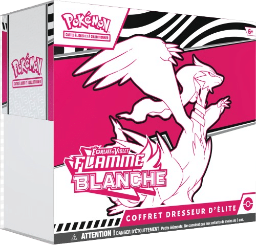 ETB Flamme Blanche Pokémon EV10.5. Il s'agit du contenu coffret dresseur d'élite pokémon ev10.5 flamme blanche de la série Foudre Noire et Flamme Blanche. Le coffret est rose, blanc et noir. Il représente Reshiram, créature Pokémon semblable à un dragon blanc et majestueux. Il y a écrit en haut à gauche de l'item "Pokémon cartes à jouer et à collectionner" et en bas à gauche "Ecarlate et Violet" "Flamme Blanche" "coffret dresseur d'élite". On voit le contenu du coffret : les boosters de cartes à jouer et à collectionner pokémon, les dés, les protèges cartes.