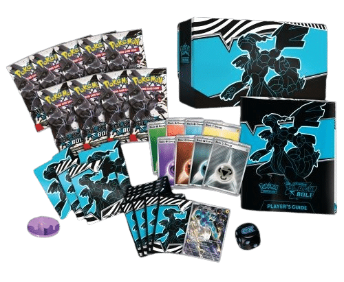Contenu de l'ETB Foudre Noire Pokémon EV10.5. Il s'agit du contenu coffret dresseur d'élite pokémon ev10.5 flamme blanche de la série Foudre Noire et Flamme Blanche. Le coffret est rose, blanc et noir. Il représente Zekrom, créature Pokémon semblable à un dragon noir et majestueux. Il y a écrit en haut à gauche de l'item "Pokémon cartes à jouer et à collectionner" et en bas à gauche "Ecarlate et Violet" "Flamme Blanche" "coffret dresseur d'élite". On voit le contenu du coffret : les boosters de cartes à jouer et à collectionner pokémon, les dés, les protèges cartes.