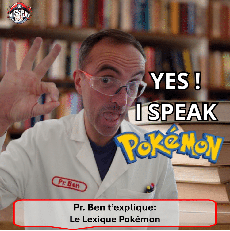 Lexique Pokémon. Photo d'un article destiné aux collectionneurs, joueurs et parents de passionnés du TCG Pokémon. sous la forme d'un Lexique, Dictionnaire de tous les termes et mots employés pour le JCC (Jeu de Cartes à Collectionner Pokémon). On y retrouve les définitions de tous les produits scellés et Items: display, ETB, UBC, demi-diplay, boosters, Tripacks, Blisters, coffrets, Mini tin, Pokébox. Il présente également toutes les Séries et Blocs du TCG Pokémons ainsi que les mots de la Gradation, Certification, protection et état des cartes. L'image représente le Professeur Ben, homme brun d'une quarantaine d'année et particulièrement musclé, habillé d'une blouse blanche. Il fait un signe de réussite avec la main gauche en référence au message écrit sur la vignette: "Yes! I speak Pokémon". L'arrière plan est une photo de bibliothèque avec des livres.
