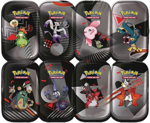 Mini Tins Foudre Noire et Flamme Blanche EV10.5. Item du TCG Pokémon contenant 2 Boosters de la série Foudre Noire et Flamme Blanche EV10.5 du bloc Ecarlate et Violet. 8 modèles différents (8 illustrations différentes: Miasmax, Lugulabre, Mamanbo, Ohmassacre, Fragilady, Shaofouine, Crocorible, Pyrax + 2 Boosters). La série met à l'honneur les 156 Pokémons de la 5ème générations de la région d'Unys tels que Zkrom, Reshiram et Victini. Il s'agit de boîtes noires et métalliques illustrées avec des Pokémons.
