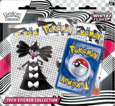 Tripack EV10.5 Flamme Blanche. Il s'agit d'une pochette carton plastifiée transparente sur le devant. Cet item du TCG Pokémon contient 3 boosters de la nouvelles extension EV10.5 Foudre Noire et Flamme Blanche. En plus des trois blisters il y a une carte promo et des autocollants. Les paquets de cartes sont noirs et blancs. Il y a écrit "Pokémon cartes à jouer et à collectionner"