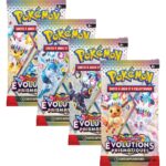 Artset boosters EV8.5 Pokémon Evolutions Prismatiques. L'image représente un lot de 4 boosters ev8.5 évolutions prismatiques, série pokémon du bloc écarlate et violet. Le lot constitue un artset soit l'ensemble des illustrations possibles des paquets de cartes de cette série mettant à l'honneur évoli et ses evolitions. Ils sont rose,s violets, bleus, oranges et rouges.