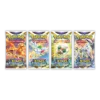 Boosters stars étincelantes EB09 Artset. Lot de quatre boosters sous blisters du JCC Pokémon. Ils sont rouge, violet et orange. Ils représentent les créatures emblématiques de cette extension du JCC Pokémon telles que Dracaufeu, Shaymin et Moumouton.