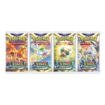 Boosters stars étincelantes EB09 Artset. Lot de quatre boosters sous blisters du JCC Pokémon. Ils sont rouge, violet et orange. Ils représentent les créatures emblématiques de cette extension du JCC Pokémon telles que Dracaufeu, Shaymin et Moumouton.
