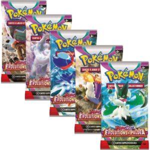 Boosters - [Artset] - Evolutions à Paldea Pokémon EV02. Lot de cinq boosters sous blisters du JCC Pokémon. Ils sont bleu, rouge, violet et orange. Ils représentent les Pokémon phares de la série, notamment Baojian.
