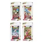 Boosters sous Blisters EV01 Ecarlate et Violet. Boosters sous blisters du JCC Pokémon. Ils sont rouge, violet et orange. Ils représentent les Pokémons emblématiques de la première extension du bloc Scarlet and Violet SV1, les premières cartes à bords gris.