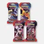 Boosters sous Blisters EV10 - [Artset] - Pokémon Rivalités Destinées. Lot de quatre boosters sous blisters du JCC Pokémon. Ils sont rouge, violet et orange. Ils représentent les dresseurs Giovanni, Cynthia, Ariane, Lance et les sbires de la Team Rocket avec leurs créatures Pokémon.