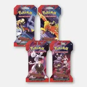 Boosters sous Blisters EV10 - [Artset] - Pokémon Rivalités Destinées. Lot de quatre boosters sous blisters du JCC Pokémon. Ils sont rouge, violet et orange. Ils représentent les dresseurs Giovanni, Cynthia, Ariane, Lance et les sbires de la Team Rocket avec leurs créatures Pokémon.