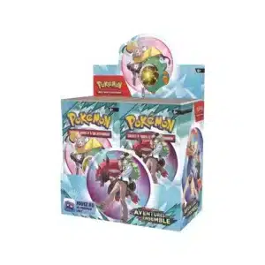 Display EV09 Pokémon Aventures Ensemble. L'image représente une boite de boosters Pokémon. Elle en contient 36 et est représentée ouverte. On y distingue des Pokemons comme Zoroark et Mélofée mais aussi leurs dresseurs comme N, Nabil, Lillie et Mashynn. La boîte est bleue, violette, jaune. On y distingue les textes suivants "Pokémon Cartes à Jouer et à Collectionner" "Ecarlate et violet" "Aventures Ensemble".