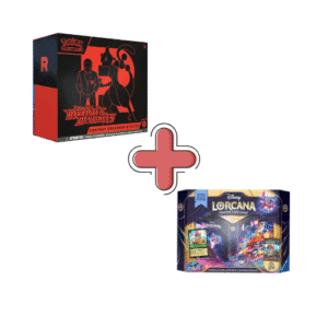 ETB EV10 (défaut de scellage) + Coffret cadeau Stitch Lorcana Chap 6. Photo de deux coffrets: une ETB Pokémon EV10 Rivalités Destinées et un coffret cadeau Lorcana chapitre 6.