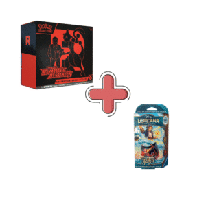 ETB EV10 (défaut de scellage) + Deck Lorcana chap 6. Photo de deux coffrets: une ETB Pokémon EV10 Rivalités Destinées et un deck Lorcana chapitre 6.