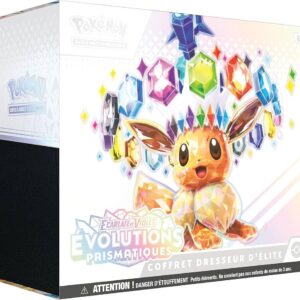ETB EV8.5 Pokémon Evolutions Prismatiques. Il s'agit du contenu coffret dresseur d'élite pokémon ev8.5 évolutions prismatiques. Le coffret est blanc, marron et violet. Il représente le Pokémon Evoli dans sa forme téracristal.. Il y a écrit en haut à gauche de l'item "Pokémon cartes à jouer et à collectionner" "Ecarlate et Violet" "Évolutions Prismatiques" "coffret dresseur d'élite". On voit le contenu du coffret : les boosters de cartes à jouer et à collectionner pokémon, les dés, les protèges cartes.