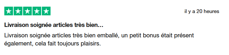 Il s'agit d'une image dans lesquelle se trouce un avis laissé par un client via trustpilot. Il y a cinq étoiles vertes soit la note maximale. L'avis date du 06 juin 2025. Le client a écrit :"Livraison soignée articles très bien emballé, un petit bonus était présent également, cela fait toujours plaisirs !!"