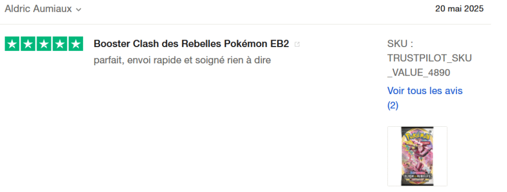 Il s'agit d'une image dans lesquelle se trouce un avis laissé par un client via trustpilot. Il y a cinq étoiles vertes soit la note maximale. L'avis date du 20 mais 2025. Le client a écrit :"parfait, envoi rapide et soigné rien à dire !!"