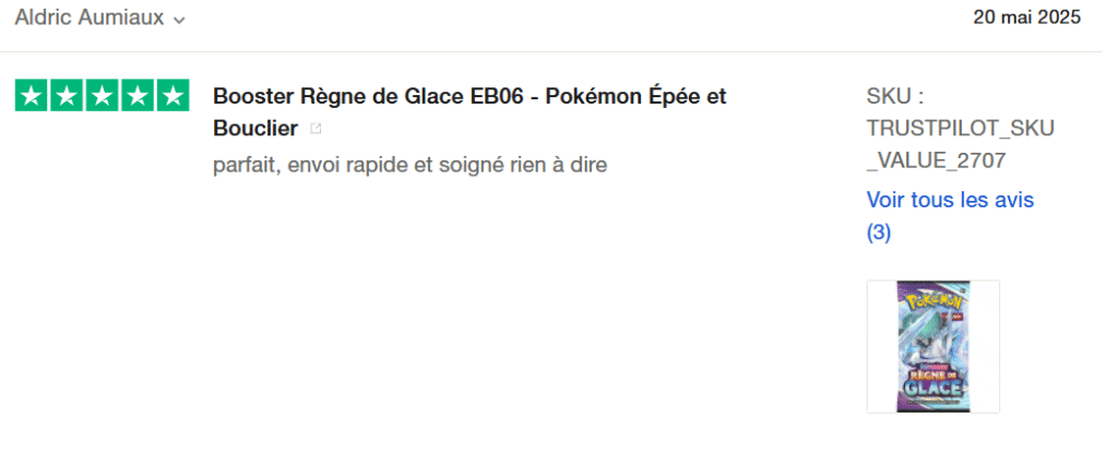 Il s'agit d'une image dans lesquelle se trouce un avis laissé par un client via trustpilot. Il y a cinq étoiles vertes soit la note maximale. L'avis date du 20 mai 2025. Le client a écrit :"Parfait, envoi rapide et soigné rien à dire !!"