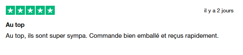 Il s'agit d'une image dans lesquelle se trouce un avis laissé par un client via trustpilot. Il y a cinq étoiles vertes soit la note maximale. L'avis date du 15 juin 2025. Le client a écrit :"Au top, ils sont super sympa. Commande bien emballé et reçus rapidement. "