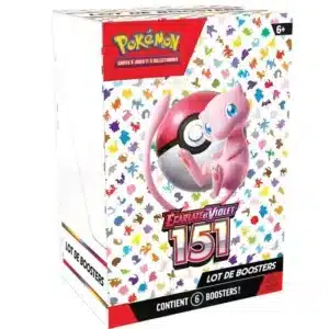 Bundle 151 Pokémon. Image d'un coffret Pokémon de la série 151 du bloc écarlate et violet. Ce coffret bundle contient 6 boosters de l'extension ev8.5. Il représente le pokémon evoli et ses evolitions. Il est rose, blanc et contient des images de tous les Pokémon de toutes les couleurs.
