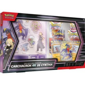 Coffret Carchacrok ex de Cynthia Pokémon. Coffret du jeu de cartes à jouer et à collectionner Pokémon à l'effigie du Pokémon Carchacrok ex et de sa dresseuse Cynthia. Il contient une carte promo et 6 boosters du JCC pokemon TCG. Aussi 2 cartes brillantes de Griknot et Carmache, pour revivre toute l’évolution du dragon, 1 planche de figurines acrylique représentant Cynthia, Carchacrok et leurs allié, 1 décor recto-verso pour mettre en scène vos combats les plus intenses, 1 autocollant collector du duo emblématique Cynthia & Carchacrok.