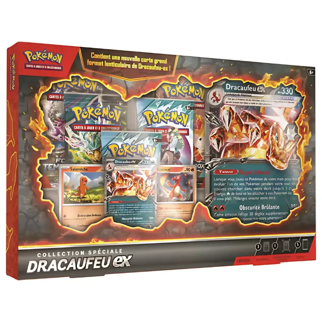 Coffret Dracaufeu Pokémon Collection Spéciale. Coffret du jeu de cartes à jouer et à collectionner Pokémon à l'effigie du Pokémon Dracaufeu et de sa nouvelle carte grand format lenticulaire. Il contient une carte promo et 5 boosters du JCC pokemon TCG.