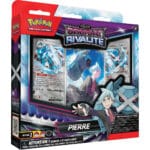 Deck Pierre Pokémon Combat Rivalité. Coffret Pokémon noire et gris comprenant un deck pour jouer au jeu de cartes Pokémon et des jetons marqueurs de dégats. Le jeux est à l'effigie du pokémon Terhal et du dresseur Pierre. Parfait pour apprendre à jouer au jcc pokémon et pour collectionner les cartes pokémon avec une splendide carte promo de Pierre.