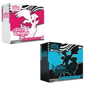 ETB EV8.5 Pokémon Foudre noire et Flamme Blanche (lot des 2 ETB). Image de deux coffrets Pokémon Coffret Dresseur d'Elite contenant 9 boosters de la série EV10.5 Foudre Noire et Flamme Blanche à l'effigie des pokémon Zekrom et Reshiram. L'une est rose et blanche et l'autre est bleue et noire. Les Elite trainer boxe contiennent aussi des accessoires de jeu comme les dès, les sleeves, les marqueurs de dégât et d'état.