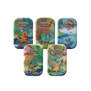 Mini Tin Kanto Pokémon 2019 Origine Perdue et Astres Radieux. Coffret mini-tins comprenant 2 boosters de la série EB10 Astres Radieux et EB11 Origine Perdue du bloc Epée et Bouclier. L'image est composée de 5 boîtes en métal à l'effigie des premiers Pokémon Salamèche, Bulbizarre, Carapuce, Evoli et Pikachu. Elles sont bleues, jaunes, roses, rouges, noires et oranges.