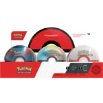 Pokeball tin Pokémon Origine Perdue Astres Radieux Faille Paradoxe. Cette boîte contient différents items pokemon. Trois boosters du tcg pokémon du bloc écatale et violet et épée et bouclier. Sur le coffret est écrit "Pokémon cartes à jouer et à collectionner". Les boîtes sont en forme de pokéball blanche et rouge, bleue et rouge et bleue et grise.