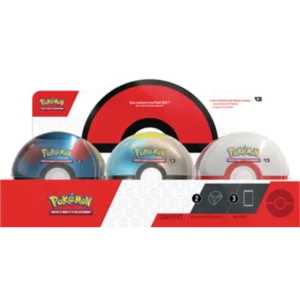Pokeball tin Pokémon Origine Perdue Astres Radieux Faille Paradoxe. Cette boîte contient différents items pokemon. Trois boosters du tcg pokémon du bloc écatale et violet et épée et bouclier. Sur le coffret est écrit "Pokémon cartes à jouer et à collectionner". Les boîtes sont en forme de pokéball blanche et rouge, bleue et rouge et bleue et grise.