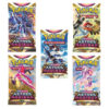 Boosters Astres Radieux Pokémon EB10 - ARTSET - 5 boosters. L'image représente un lot de 5 boosters Pokémon EB10 astres radieux, série pokémon du bloc épée et bouclier. Le lot constitue un artset soit l'ensemble des illustrations possibles des paquets de cartes de cette série mettant à l'honneur palkia. Ils sont rose,s violets, bleus, roses et rouges.