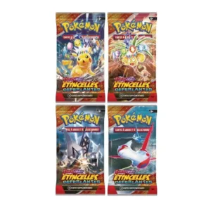 Boosters EV08 Pokémon Etincelles Déferlantes - ARTSET - 4 boosters. L'image représente un lot de 4 boosters Pokémon EV08 Etincelles Déferlantes, série pokémon du bloc écarlate et violet. Le lot constitue un artset soit l'ensemble des illustrations possibles des paquets de cartes de cette série mettant à l'honneur pikachu. Ils sont roses violets, bleus, roses et rouges.