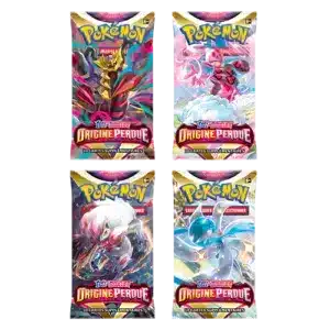 Boosters Origine Perdue Pokémon EB11 - ARTSET - L'image représente un lot de 4 boosters Pokémon EB11 origine perdue, série pokémon du bloc épée et bouclier. Le lot constitue un artset soit l'ensemble des illustrations possibles des paquets de cartes de cette série mettant à l'honneur giratina. Ils sont rose,s violets, bleus, roses et rouges.