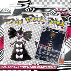 Tripack EV10.5 Siderella Pokémon Flamme Blanche. Il s'agit d'une pochette carton plastifiée transparente sur le devant. Cet item du TCG Pokémon contient 3 boosters de la nouvelles extension EV10.5 foudre noire. En plus des trois blisters il y a une carte promo Sidérella. Les paquets de cartes sont noires et blancs. Il y a écrit "Pokémon cartes à jouer et à collectionner"